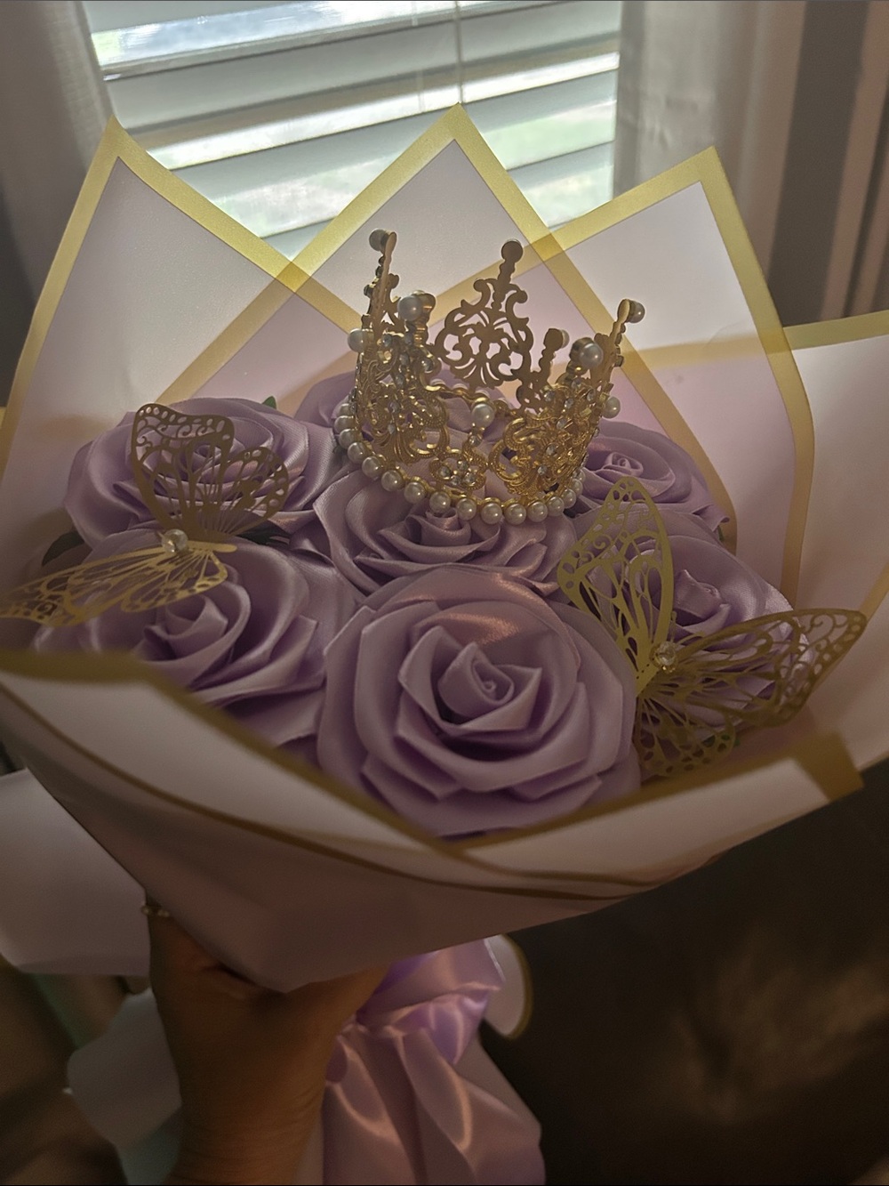 Hand Crafted Lavender Floral Crown with Gold and Pearl Accents - Picture 7 of 7